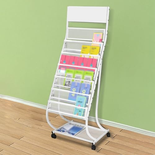 zeitungsständer Prospektständer Boden, Metall-Magazinständer 7-lagig Mit Rollen, Easy Move Informationshalter Für Messe, Ausstellungen, Büro, Einzelhandel ( Color : White , Size : LxWxH 48x38x135 cm )
