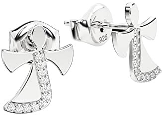 Schutzengel Ohrringe aus Silber 925 und vergoldet mit Zirkonia von AMOONIC | Engel Ohrstecker für Mädchen als Geschenk zur Kommunion und Einschulung