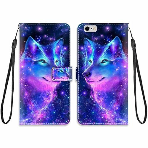KARTXITAI Hülle Kompatibel mit iPhone 6 / 6S,Leder Handyhülle mit Kartenfach Geld Slot Ständer PU Ledertasche Wallet Flip Magnetische Muster Schutzhülle-Wolf,bunt
