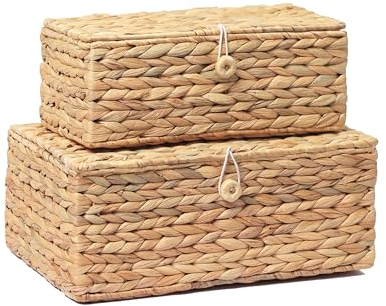 LUSYDECO Set mit 2 rechteckigen Weiden-Aufbewahrungsbehältern mit Deckel, Rattankorb, dekorative Boxen, Mehrzweck-Organizer, Präsentationsboxen für Regal-Organizer, Boho-Rattan-Box für Heimdekoration