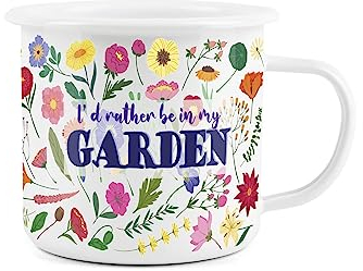 Colourful Gardening Enamel Mug - I'd Rather Be in My Garden White Novelty Durable Hot Drinks Outdoor Cup for Travel Picnics Home Hiking