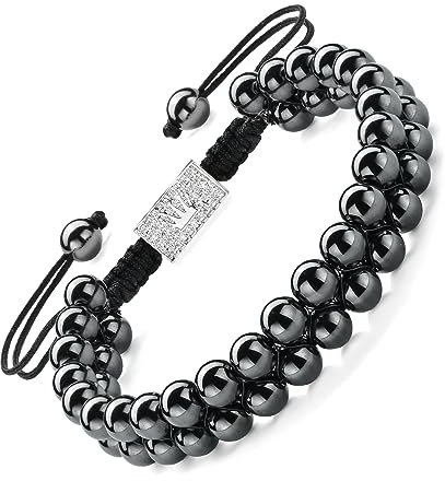 EUMENIDES Hämatit Magnetarmband,18K Gold Magnetarmband,Magnetische Hämatit Armbänder mit 18K Goldperlen,Beseitigen Sie statische Elektrizität (Doppelte Stärke Magnet-Silberkrone, 6MM)