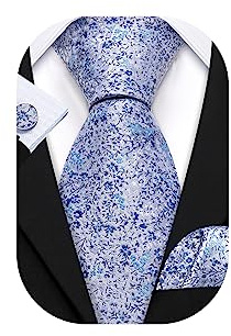 Barry.Wang Light Blue Floral Ties for Men Silk Necktie Handkerchief Cufflinks Set Business Wedding Party