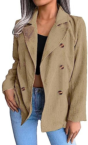 L9WEI Blazer à revers en velours côtelé élégant pour femme - Couleur unie - Manches longues - Pour automne et hiver, kaki, 3XL