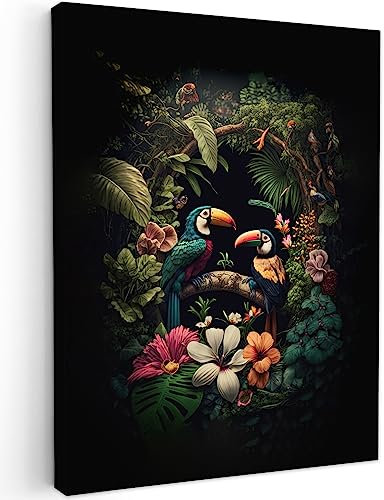 MuchoWow© Bild auf Leinwand 50x70 cm Schlafzimmer Bilder Wand Deko Wohnzimmer Modern Wanddeko Bilderwand Geschenk Vogel - Blumen - Pflanzen - Dschungel - Schwarz - Tukan - Natur - Grün