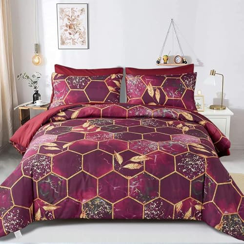 Freyamy 3D Marmor Bettwäsche 200x220cm 3teilig Rot Gold Geometrische Marmormuster Luxus Bettwäsche 100% Mikrofaser Bettwaren-Sets Weiche Bettbezug mit Reißverschluss und 2 Kissenbezug 80x80cm