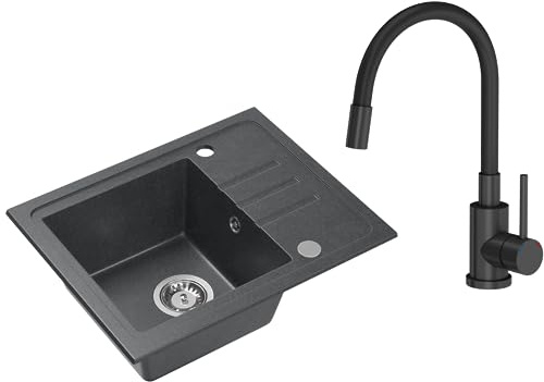 VBChome Granit Spülbecken 55 x 44 cm Schwarz gesprenkelt – Einbauspüle Einzelbecken reversibel mit Armatur & Siphon – Küchenspüle Set matt Schwarz – pflegeleicht & hitzebeständig