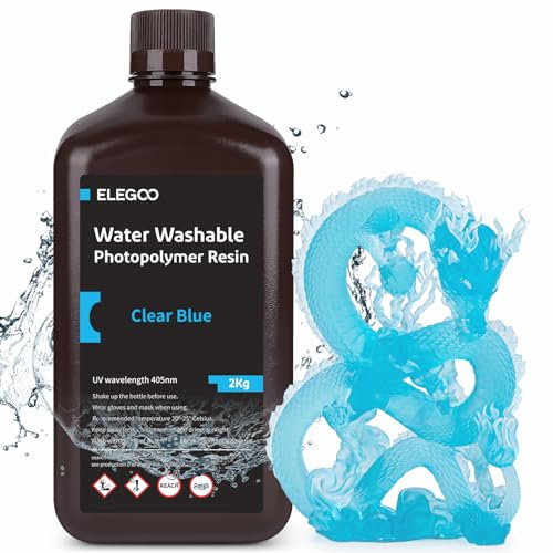 ELEGOO 405nm Wasser Waschbares Resin, Water Washable 3D Drucker Rapid Harz für LCD UV Härtung Photopolymer 3D Drucker 2kg Klares Blau