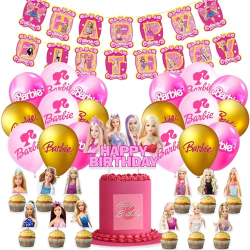 Prinzessin Geburtstag Deko Set, 44PCS Cartoon Thema Party Balloons Cake Dekoration, Banner Balloon Torte Flagge Für Rosa Geburtstag Deko
