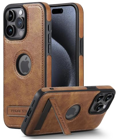 AIOVETEAB für iPhone 15 Pro Hülle, Metall Ständer Case,PU Leder Schutzhülle Anti-Rutsch Stoßfest Vollständige Handyhülle Case Cover für iPhone 15 Pro, Braun