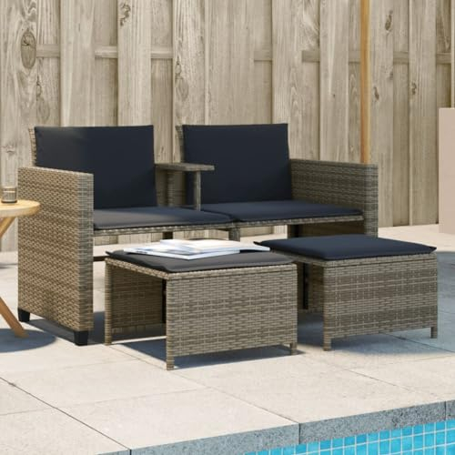 Generisch Fußbank Ausziehbares 2-Sitzer-Gartensofa Balkonsofa mit Hocker Rattansofa kleines Balkon-Loungesofa Outdoor-Sofa mit Fußhocker Rattansofa Polyrattan Balkonmöbel Gartenmöbel-Set Gartenlounge