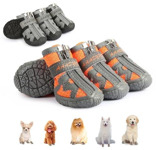 Sezlinver Hundeschuhe mit Rutschfester Sohle, 4er-Pack, verstellbare Pfotenschützer mit reflektierenden Bändern, waschbar und atmungsaktiv für kleine Hunde (Orange 1)