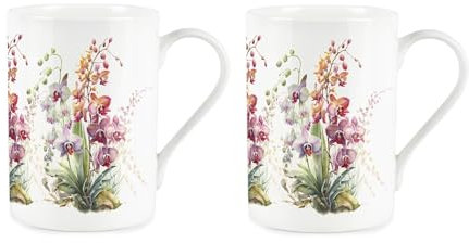 Orchids Mugs Set - Floral Plants Birthday/Anniversary - Bone China Cups Set of 2 - Tea/Coffee Present Gift Mug