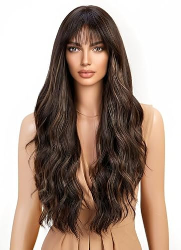 CGVG Perücke Braun mit Highlight Lange Gewellte Perükce mit Pony Charmante Braune Lockenperücke für Damen Frauen Tägliche Gebrauch Verabredung Party Fasching Wig