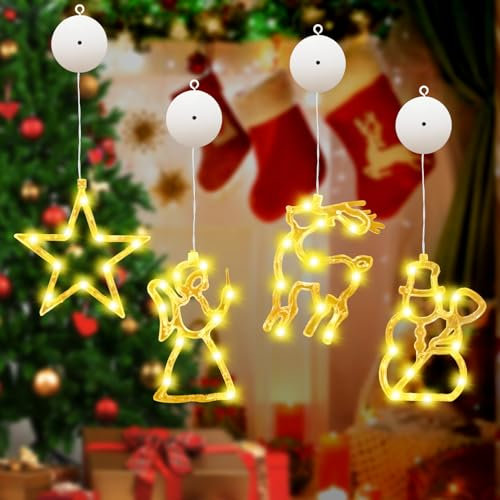 TaimeiMao LED Weihnachtsbeleuchtung 4er Set,Weihnachtsdeko Sucker Lampe,Fenster Deko LED Saugnapf Weihnachten Lichter,LED Vorhang Lichter,Saugnapf Lichterkette Weihnachten (4A-HB)