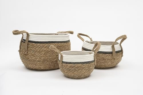 ARZOM - Seegras Korb Set – Aufbewahrungskorb mit Henkeln – Vielseitiger Flechtkorb als Wäschekorb, Blumentopf & Ablagekorb – Körbe geflochten aus robustem Seegras im Boho Stil – 3teilig