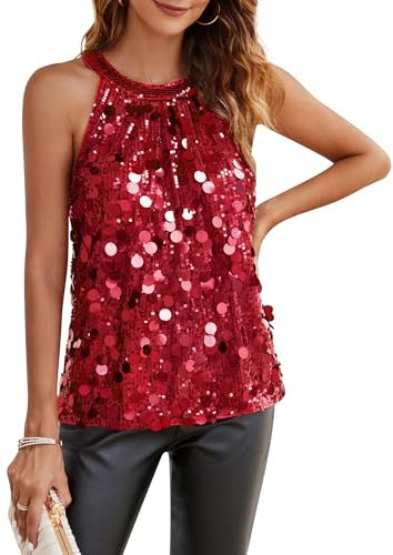 GRACE KARIN Women Sparkly Sequins Vest Tops Sleeveless Party Going Out Halterneck Tops for Evening Red M