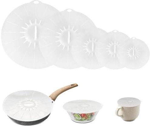 QUTHZZHY Couvercles en Silicone, 5 Pièces Tailles Différentes Couvercle en Silicone, Couvercle Fraîcheur pour Bols, Casseroles, Assiettes, Tasses, Canettes, Réutilisables(Blanc)