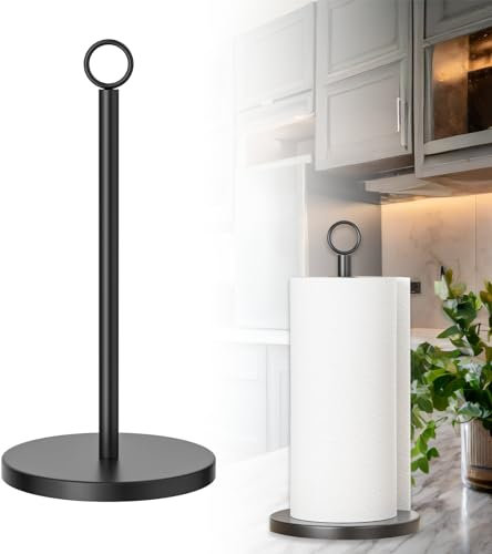 Soporte Rollo Papel Cocina - Organizador de Encimera con Base Pesada | Acero Inoxidable Negro | No Necesita Perforación