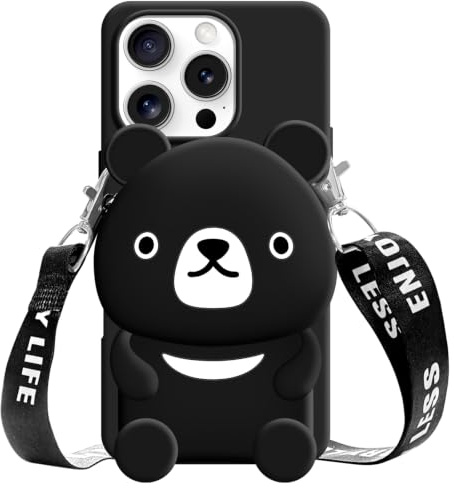 SGVAHY Wallet Case for iPhone 16 with Strap Lanyard Cute Bear Black Coin Purse Funny Phone Case Kawaii Soft Silicone Shockproof Cover for Women Girls
