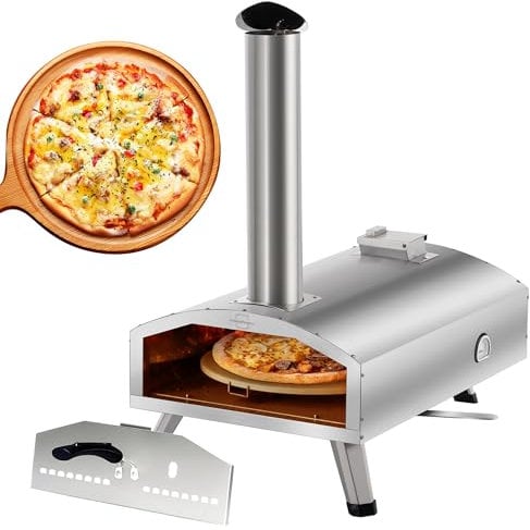 12” Portable Multi-Fuel Pizza Oven Wood and Gas Fired Pizza Oven with Rotating Stone Stainless Steel Pellet Pizza Stove for Outdoor Cooking, Backyard & Camping