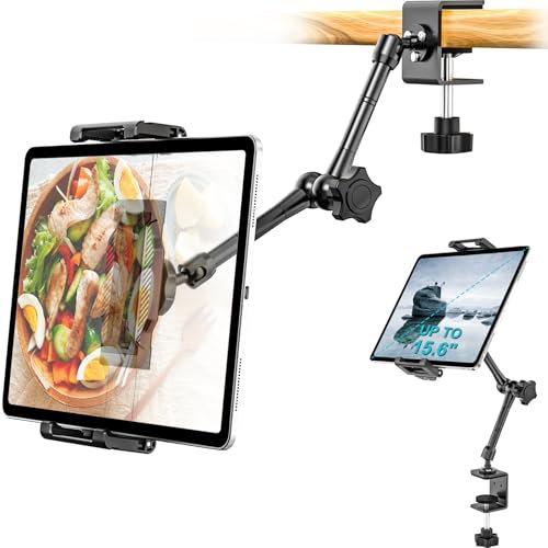 Dosvsi Kitchen Cabinet Tablet Holder, [Up to 15.6] 360° Metal Arm Tablet Mount for Under Cabinet, Shelf/Desk/Counter Clamp Stand for iPad Pro 13 Air Mini, Galaxy Tab, Fire, iPhone, 6.1-15.6 Device