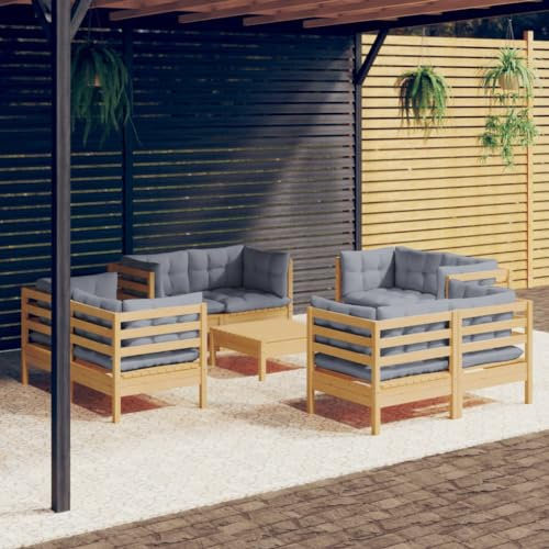 KTHLBRH 9-TLG. Garten-Lounge-Set mit Grauen Kissen Kiefernholz Outdoor-Möbel-Sets Gartenmöbel-Sets Balkonmöbel-Sets Terrassenmöbel-Sets für Terrasse, Garten, Balkon