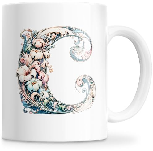 Taza Personalizada con Letra Inicial del Nombre - Taza Cerámica 350ML con Motivo Floral, Regalos Originales para Mujeres, Mamá, Amigos - Apta para Lavavajillas y Microondas (C)