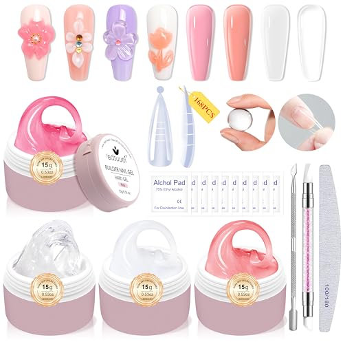 Solid Builder Gel for Nails LEDSUUEI - 4 Color Clear Nude Pink White 3D Nail Gel Sculpting Non-Sticky Hand Carving Glue Extension with 168PCS Extension for Manicure Salon Home Decoration DIY Nail Art