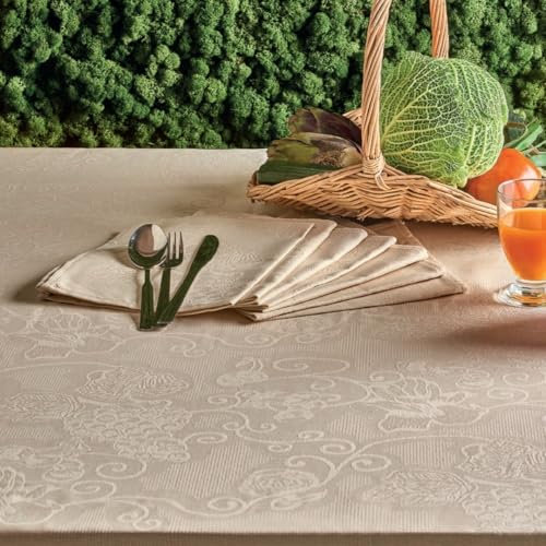 Tovaglia Con Tovaglioli Servizio Da Tavola Set Completo Cotone Tessuto Fiandra Ricamata Tinta Unita Elegante (Avorio, 12 Posti (140x250cm))