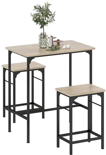 HOMCOM Set Tavolo Bar con 2 Sgabelli Alti, Bancone Bar e Sedie Cucina Salvaspazio con Gambe in Acciaio, Stile Industriale, Tavolo Alto con Sgabelli per Casa, Pranzo e Soggiorno, Color Legno e Nero
