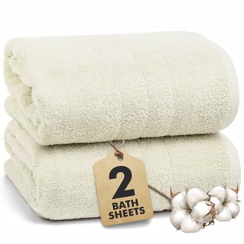 Novo Home Bath Sheets - Extra Large Bathroom Sheet Set – 550 GSM Pack of 2 Jumbo Towels Ivory (90x180cm) – 100% Ring Spun Cotton Soft Quick Dry Large Bath Towels for Adults Hotel Spa Bathroom Use