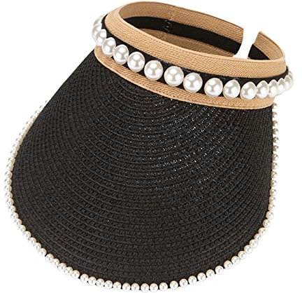 2025 - Chapeaux à visière de paille pour femmes, pliable à large bord, chapeau de queue de cheval enroulable, chapeau de protection solaire élégant, Noir , taille unique