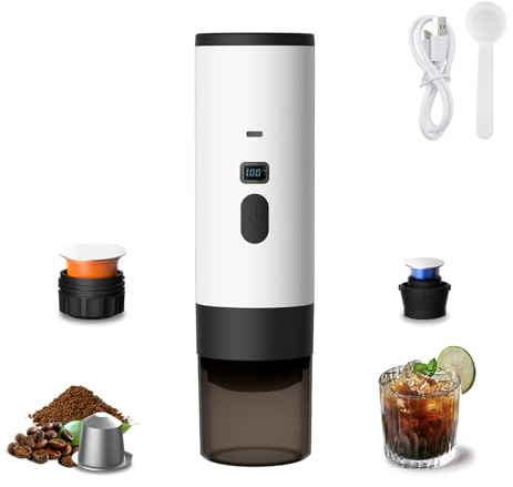 Generico Macchina Caffe Portatile 3-in-1, Macchina per Caffè Espresso con Display LED e Type-C per Viaggi, Ufficio e Auto, Auto-Riscaldamento in 3-5 Minuti (Bianco (Senza supporto e velluto))