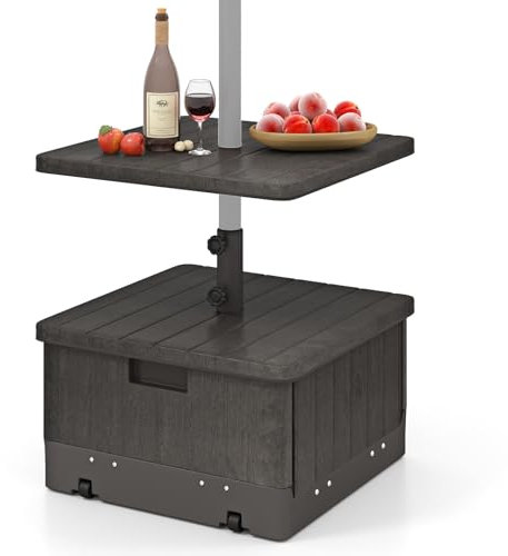 GOPLUS Base de Parasol Mobile pour Parasol de 38/48 mm, Remplissable d'eau 45L et de Sable 67KG, Bac à Plantes avec roulettes et Poignée, Plateau de Table, Sac de Poids, 2 Boutons Réglables (Marron)