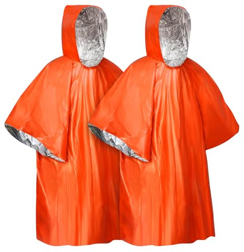 flintronic Emergency Survival Rain Poncho, 2 Pack Thermal Emergency Raincoat Poncho Set, Emergencys Insulation Blanket for Heat Retention and Rain, Reversible Foil Blanket for Emergencys Or First Aid