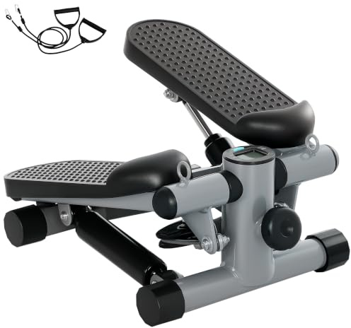 SPORTNOW Mini Stepper de Fitness pour la Maison, Machine de Step, Gris | Appareil de Fitness avec Bandes de Résistance, Écran LCD, Pédales Antidérapantes, Charge 100 kg
