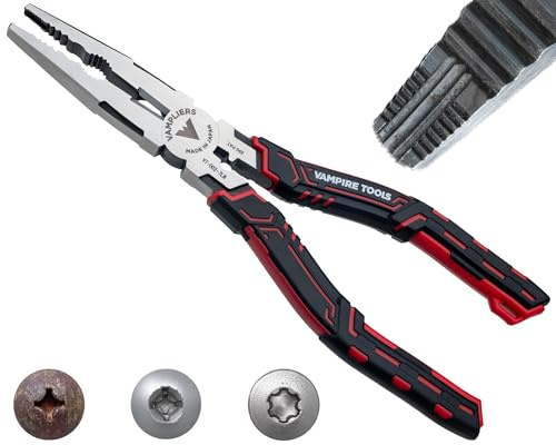 VAMPLIERS 7.5 Stripped Screw Extractor Needle Nose Pliers with Crimper | High Carbon Steel Long Nose, Multipurpose Grooves, Crimper, Wire Cutter, Gripping, TPR Handles, Remove Screws Ø2 - 5.5mm