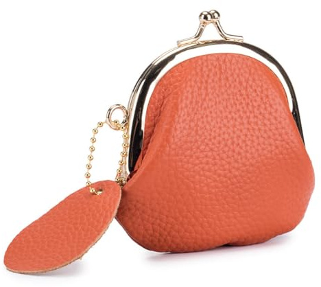 AprinCtempsD Petit Porte-Monnaie Femme en Cuir Véritable Mini Portefeuille avec Fermoir à Clip Kiss Lock pour Bijoux Écouteurs Clés (Orange)