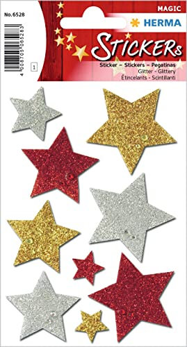 HERMA 6528 Aufkleber Sterne Gold Silber Rot groß, 9 Stück, Stern Sticker aus Folie, Weihnachtssticker Sternaufkleber für Weihnachten Geschenke Adventskalender Dekoration Kinder Belohnung DIY Basteln