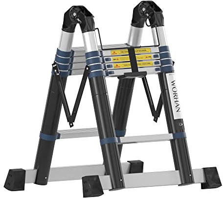 WORHAN® 3.2m TELESKOPLEITER 2 in 1 ANLEGELEITER KLAPPLEITER ALU TELESKOP LEITER MULTIFUNKTTIONS LEITER 320cm K3.2A