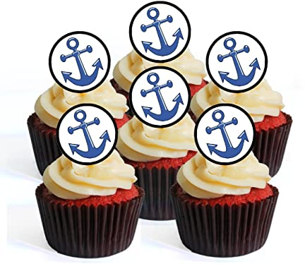 Blue Anchor Edible Cupcake Toppers – 4cm/1.5 Inch Precut Round Nautical Cake Decorations for Sailor, Navy & Coastal Party Themes (Pack of 24)