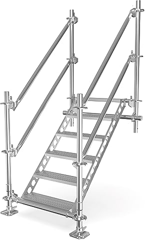 Scafom-rux Bautreppe - [ 1 Meter + Geländer ] Aussentreppe - 5 Stufen Metalltreppe - stabile Metalltreppen für außen - Treppenwangen stahl verzinkt - Komplettbausatz, Gartentreppe & Stahltreppe