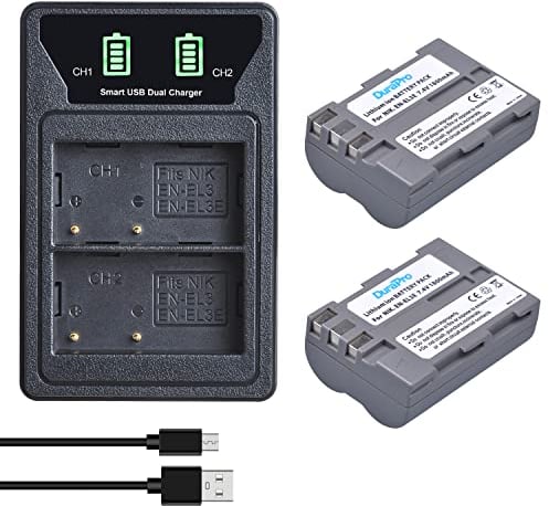 DuraPro Lot de 2 batteries EN-EL3e EN EL3E + chargeur USB double LED intégré avec port de type C de remplacement pour appareils photo reflex numériques Nikon EN-EL3E D50, D70, D70s, D80, D90, D100,