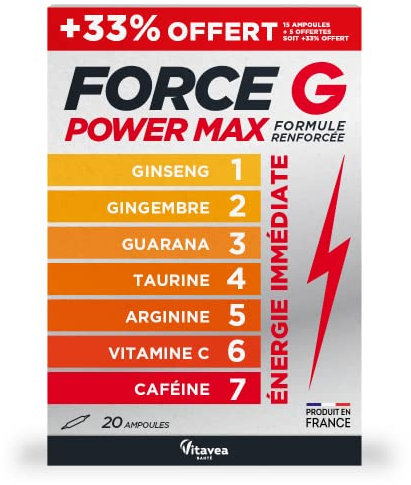 Vitavea - Force G Power Max Formule Renforcée - Booster Energie Immédiate 7 actifs - Ginseng, Gingembre, Guarana, Taurine, Arginine, Vitamine C, Caféine - 20 ampoules - 20 jours - Fabriqué en France