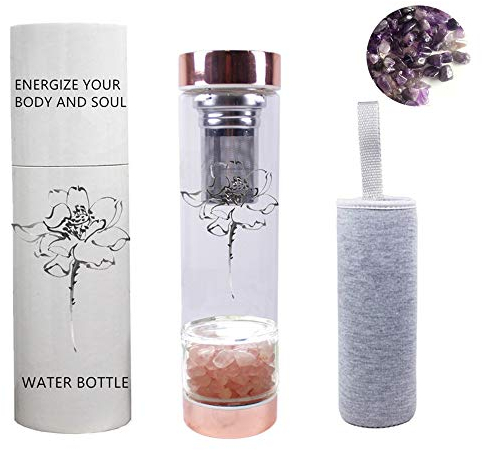 AITELEI Natürliche Edelstein Quarz Kristall Wasserflasche, Kristall Elixier infundierte Edelstein Wasserflasche für Heilung und Wellness - Doppelwandige Glasflasche mit Teekanne und Teesieb 400ML