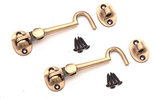 Infinity Decor Pack of 2 Cabin Hook and Eye Solid Brass - Silent Door Latch Lock for Window, Garden Gate, Door - 4 100mm (Antique)