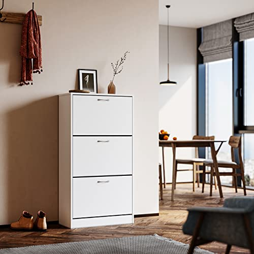 SUNXURY Schuhschrank mit Klappen - Verstellbarer Schuhregal Schuhkipper Schuhkommode 63x30x120CM Weiss