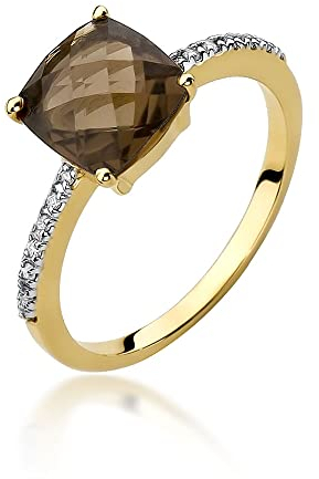 MARKO Damen Goldring 14 Karat (585) Verziert mit 2,00 Karat Rauchquarz und 0,07 Karat Diamanten - Gold Verlobungsring - 14 K Gold 585 - Goldring für Frauen (Gelbgold, 47 (14.8))