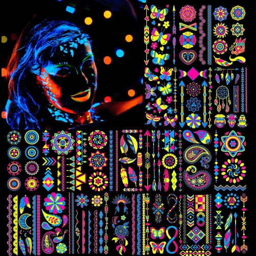 XINDY 20 Blätter Neon Tattoos Schwarzlicht Schminke UV Body & Face Temporäre Tattoos Klebetattoos für Erwachsene Frauen Männer Neon Party Deko Schwarzlicht Party Halloween Fasching Karneval Festival